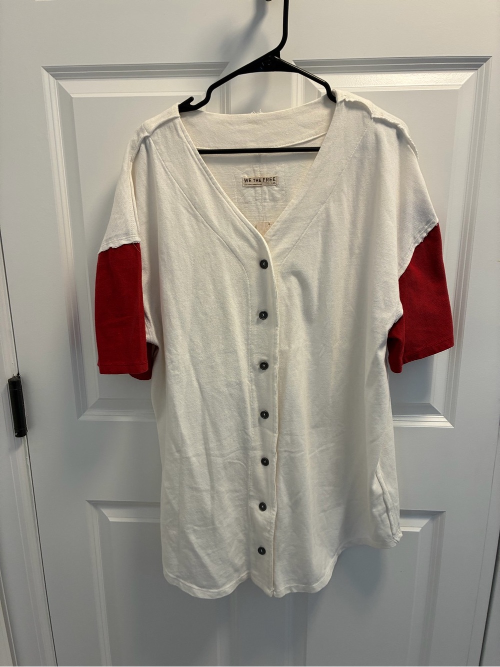 We The Free White Button-Front Top with Red Sleeve Panels